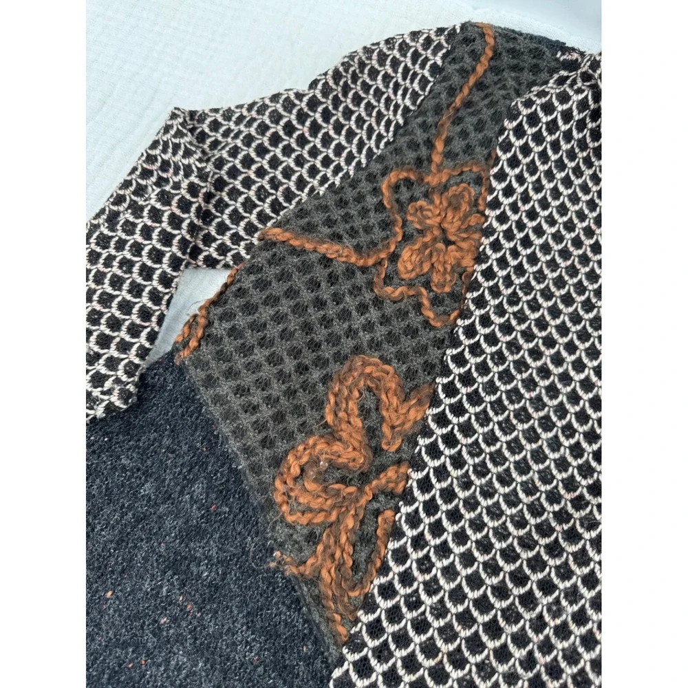 Fleur De Lis Cardigan Black Knit Yarn Patchwork Boho Floral Open Front Size S